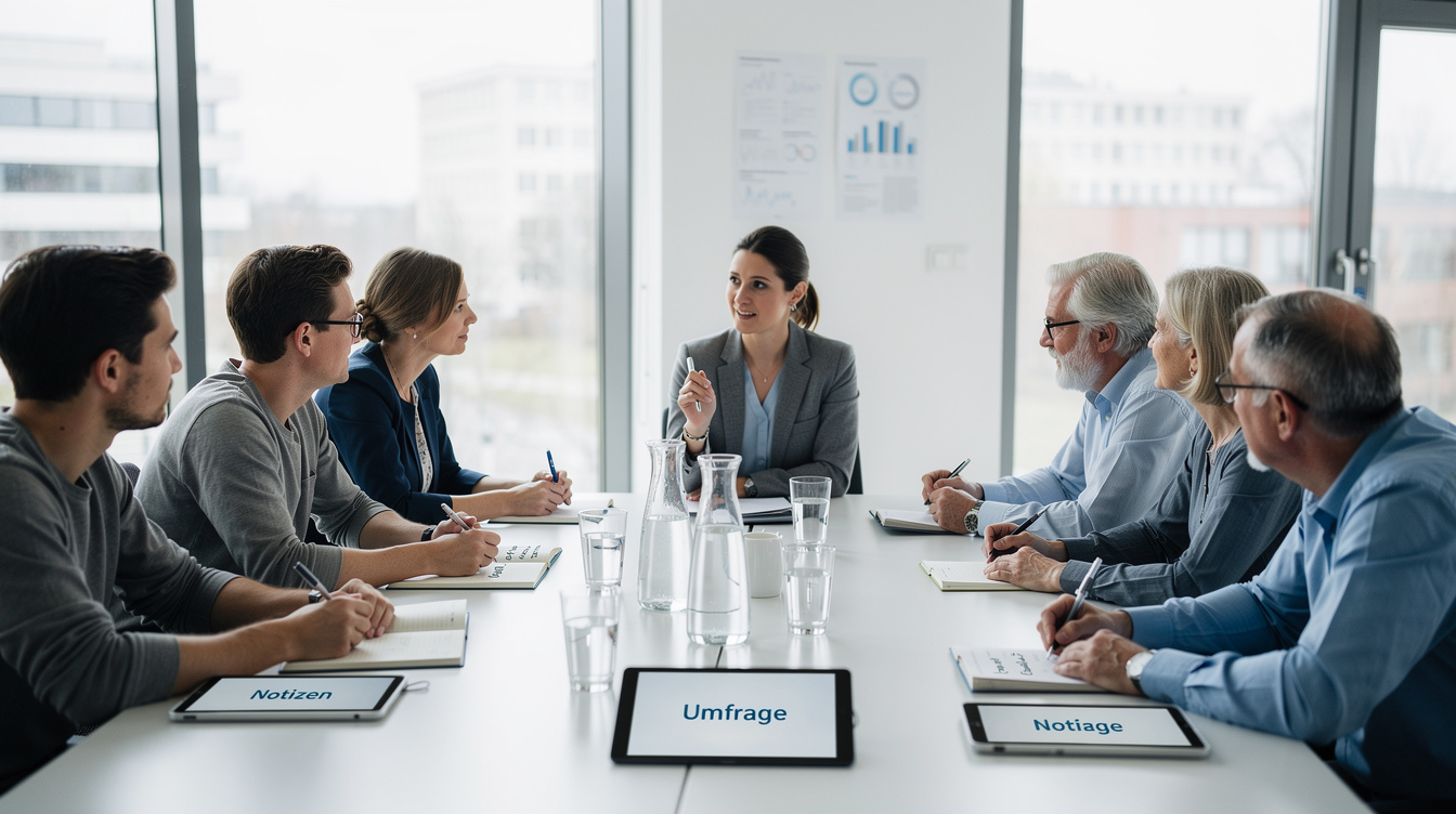 Group of German adults discussing opinions in a moderated focus group session