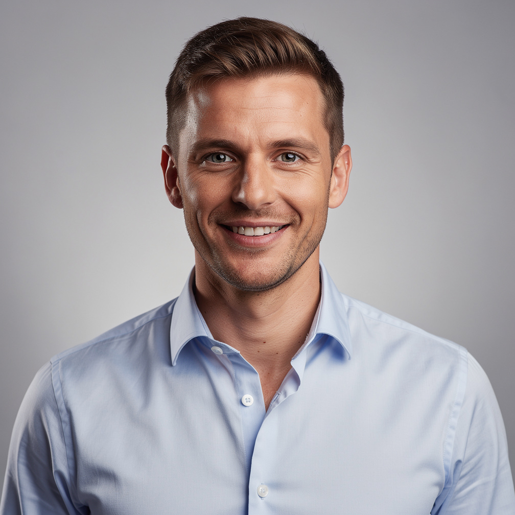 Studio portrait of a young German man in his thirties with short brown hair, smiling